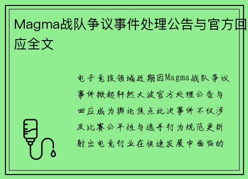 Magma战队争议事件处理公告与官方回应全文