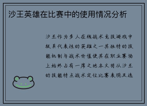 沙王英雄在比赛中的使用情况分析
